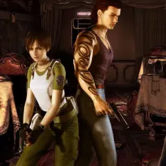 Rebecca Chambers i Billy Coen z Resident Evil 0 w ponurym wnętrzu, gotowi do walki.