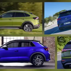 VW Taigo wymiary: zielony i niebieski SUV na tle natury i industrialnych wnętrz. Dynamiczne ujęcia podkreślają jego sportowy charakter.