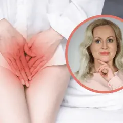 Kobieta z rękami na podbrzuszu, gdzie widoczne jest zaczerwienienie, sugerujące ból lub dyskomfort. Obok portret uśmiechniętej kobiety. Rzeżączka objawy mogą być różne.