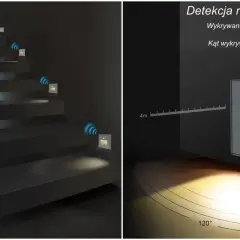 Czujnik PIR jak działa: małe lampki na schodach wykrywają ruch na 4m, oświetlając drogę. Kąt detekcji 120°.