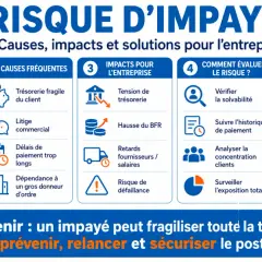 Infographie sur le risque d'impayé : causes, impacts et solutions pour l'entreprise. Évaluez le risque et protégez-vous de l'obligation bancaire.