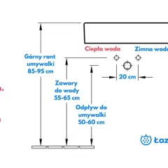 Schemat instalacji łazienkowej: górny rant umywalki 85-95 cm, zawory 55-65 cm, a na jakiej wysokości odpływ do umywalki? 50-60 cm.