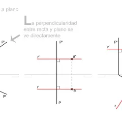 Ilustraciones de una recta que es perpendicular a un plano, mostrando proyecciones y puntos de intersección.