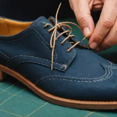 Ręce sznurują eleganckie, granatowe buty na zielonej macie. Proces jak zszyć buty krok po kroku.