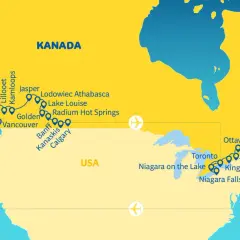 Mapa turystyczna Kanady z zaznaczonymi miastami: Vancouver, Calgary, Toronto, Montreal, Ottawa, Quebec.