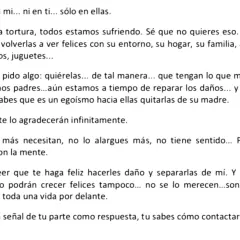 Carta a una hija que no quiere a su madre. Pide que cuide a sus hijas, Olivia y Anna, y que no las separe de ella.