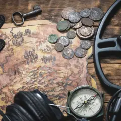 Mapa, monety, klucz, rękawice, kompas i wykrywacz metali na drewnianym stole.