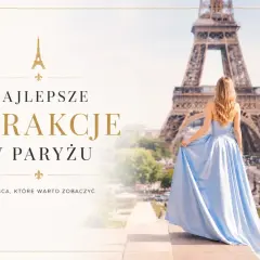 Kobieta w błękitnej sukni na tle Wieży Eiffla w Paryżu.