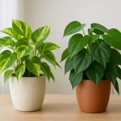 Zwei Zimmerpflanzen auf einem Holztisch. Links ein Philodendron mit gelb-grünen Blättern, rechts ein Philodendron efeutute mit dunkelgrünen, herzförmigen Blättern.