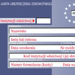 Europejska Karta Ubezpieczenia Zdrowotnego, potwierdzająca przynależność do NFZ. Widoczne pola na dane osobowe i identyfikacyjne.