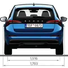 Niebieska Skoda Scala z tyłu, z widocznymi wymiarami 1,516 m i 1,793 m.