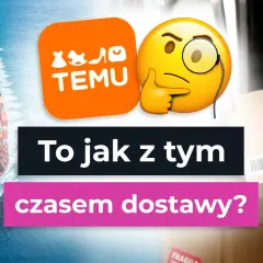 Paczka przyjęta w centrum logistycznym. Kontenerowiec, logo Temu, zastanawiający emoji i kurier niosący pudełko.