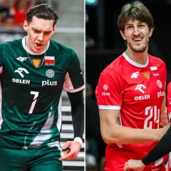 Siatkarze reprezentacji Polski w zielonych i czerwonych strojach. Młodzi sportowcy, których średnia wieku reprezentacji Polski jest niska, walczą o zwycięstwo.