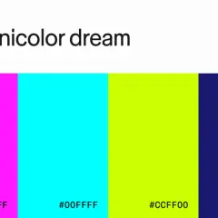 A "Technicolor dream" palette featuring vibrant colors: hot pink, electric cyan, lime green, and deep navy.