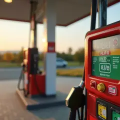 Czerwony licznik przedpłatowy na stacji paliw pokazuje cenę 2.82 PLN/litr. Zachód słońca maluje niebo na złoto.