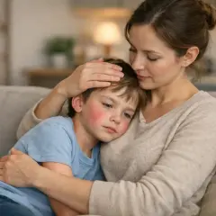 Une mère réconforte son fils malade, le visage rouge et couvert de boutons, possiblement un test scarlatine pharmacie.