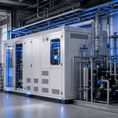 Nowoczesna instalacja do produkcji zielonego wodoru, zasilana energią z wiatru i słońca.