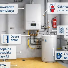 Kotłownia z nowoczesnym kotłem gazowym i zasobnikiem. Widać tu otwarta komora spalania, gaśnicę, czujnik gazu i inne elementy bezpieczeństwa.