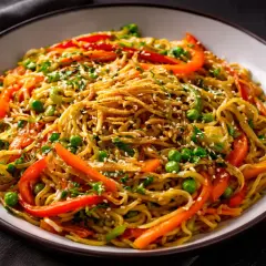 Eine Schüssel mit gebratenen chinesischen Nudeln, garniert mit Erbsen, Paprika und Sesam.