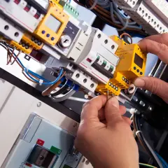 Ręce montują żółty przekaźnik w skrzynce elektrycznej. Praktyczny element kursu elektryka od podstaw.