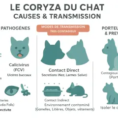 Infographie sur le coryza du chat : causes (herpèsvirus, calicivirus, bactéries), transmission (directe, indirecte) et prévention (porteurs sains, isolement).