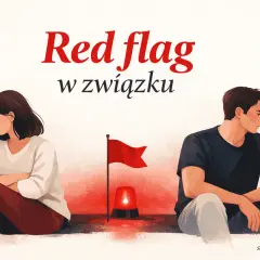 Para siedzi odwrócona od siebie, z czerwoną flagą i sygnałem ostrzegawczym między nimi. To znak, że w związku pojawiły się czerwone flagi.