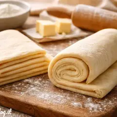 Pasta sfoglia veloce pronta per essere utilizzata. Ingredienti base per dolci e salati, con rotolo e sfoglie impilate.