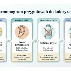 Harmonogram przygotowań do farbowania włosów: regeneracja, próba uczuleniowa, ostatnie mycie i rozczesanie.