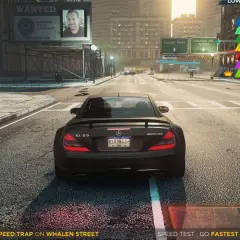 Czarny Mercedes SL 65 w grze Need for Speed Most Wanted. Zbliża się do pułapki prędkości. Jak pobrać grę?