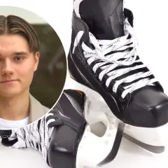 Oliver, redo att ta sig an isen med sina nya, nyttiga skridskor.