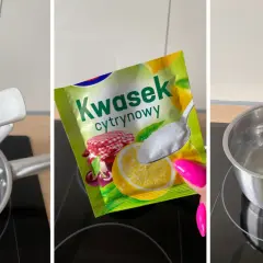 Przygotowanie roztworu do odkamieniania ekspresu kwaskiem cytrynowym. Woda w garnuszku ma 40.4°C.