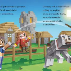 Chaps, oswojony wilk z gry Minecraft, goni patyk. Birch i Emmy, jego przyjaciele, bawią się w wiosce.