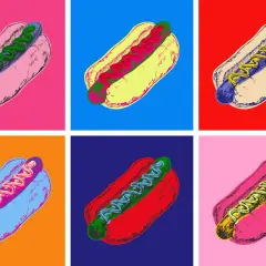 Pop art w odsłonie hot dogów. Sześć wariacji tego samego motywu w jaskrawych kolorach, jakby z obrazów Andy'ego Warhola.