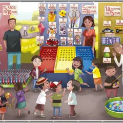Niños jugando en una feria, intentando ganar premios en juegos de habilidad. Las láminas de expresión oral muestran los puntos y premios.