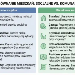 Porównanie mieszkań: socjalne vs. komunalne. Mieszkanie komunalne to uregulowany najem, niższy od rynkowego, z zazwyczaj dłuższym czasem oczekiwania.