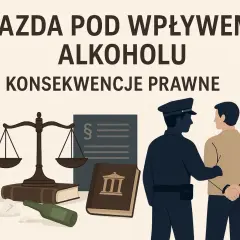 Policjant prowadzi zatrzymanego mężczyznę. Obok waga sprawiedliwości, księgi prawa i pusta butelka. Jazda po alkoholu ma poważne konsekwencje.