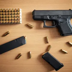 Pistolet, magazynki i amunicja na drewnianym stole. Zastanawiasz się, jak odzyskać cofnięte pozwolenie na broń?