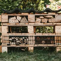 Domek dla owadów z palet, pełen naturalnych materiałów. Świetne upcycling przykłady dla ogrodu.