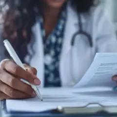 Lekarka w białym kitlu z długopisem w dłoni przegląda dokumenty.