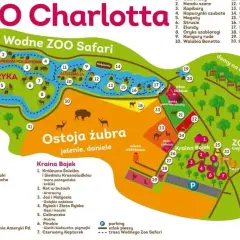 Mapa Zoo Charlotta: Wodne Zoo Safari, Ostoja Żubra, Kraina Bajek. Idealne słupsk atrakcje dla dzieci, z podziałem na kontynenty i bajkowe krainy.