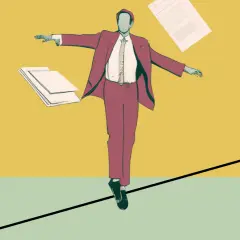 Biznesmen balansuje na linie, trzymając dokumenty. Kluczowe jest, jak negocjować wysokość zaliczki przy kontrakcie wydawniczym, by utrzymać równowagę.