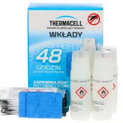 Zestaw wkładów Thermacell na komary, zapewniający 48 godzin ochrony. W opakowaniu 4 kartridże i maty.