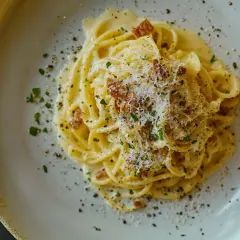 Ein Teller cremiger Spaghetti Carbonara, bestreut mit Pecorino, schwarzem Pfeffer und knusprigen Speckwürfeln.