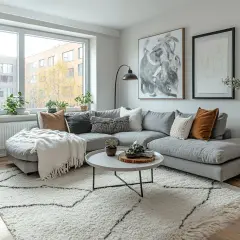 Gemütliches Wohnzimmer im skandinavischen einrichtungsstil mit großem Ecksofa, weißem Teppich und vielen Pflanzen.