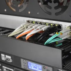 Kable sieciowe podłączone do przełącznika. Widać światłowód jednomodowy i wielomodowy, różniące się kolorem i grubością.