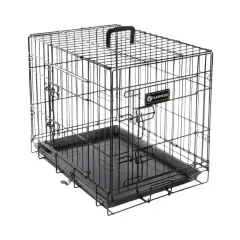 Une cage métallique pliable avec un plateau noir, idéale pour le transport ou le dressage de votre animal.
