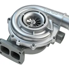 Metalowa turbosprężarka z widocznym wirnikiem i napisem "TURBO". Zastanawiasz się, ile koni daje turbosprężarka?