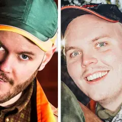 Två närbilder på män med kepsar, en grön och en svart. Kanske från en leif och billy film?