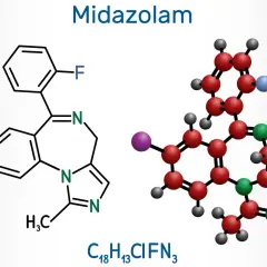 Struktura chemiczna midazolamu, leku z grupy benzodiazepin. Wzór sumaryczny: C₁₈H₁₃ClFN₃.