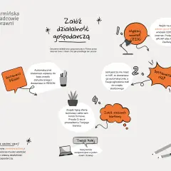 Ilustracja przedstawia schemat zakładania jednoosobowej działalności gospodarczej w Polsce, z krokami: wypełnienie wniosku CEIDG, otrzymanie NIP, REGON i założenie rachunku bankowego.